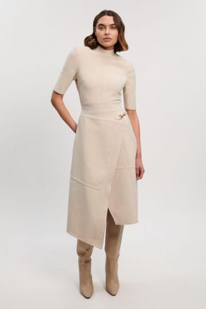 Karen Millen Womens Figure Form Bandage Asymmetric Knit Midi Dress - Beige - Size 18 UK