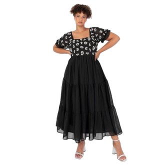 Lovedrobe Midi-jurk met vierkante halslijn en korte mouwen voor dames (Zwart)