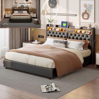 OEM Cama Litera 180x200 Pocketpop Led Negra - Marco Con Somier De Lamas Y Almacenamiento Hidr&aacute;ulico