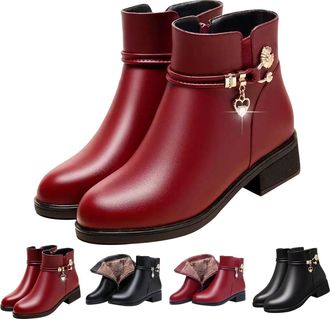 Generic Womens Winter Ankle Boots with Side Zipper Warm Plus Fur Lined Boots Comfortable Low Heel Snow Boot Outdoor Waterproof Non-Slip Rubber Walking Shoes