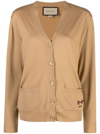 Gucci embroidered-logo wool cardigan - Neutrals
