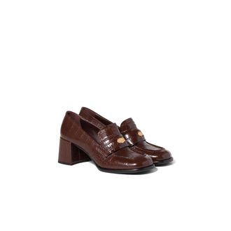 Miu Miu Crocodile Embossed Calfskin Loafers, Woman, Cocoa Brown, Size 35,5