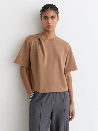 Reiss Taupe Brown Cotton Twist-detail Boxy T-shirt, XS