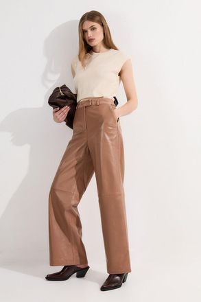 Karen Millen Womens Suede & Leather Wide Leg Trouser - Beige - Size 10 UK