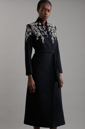 Karen Millen Womens Tailored Wool Embellished Double Breasted Midi Coat - Black - Size 14 UK