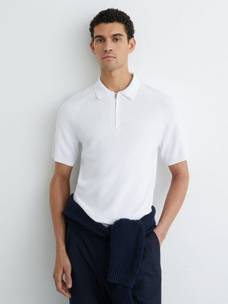 Reiss White Textured-knit Half-zip Polo Shirt, Xxl