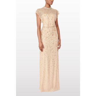 Jenny Packham Crystal Drop Embellished High-Neck Maxi Dress in Illusion at Nordstrom, Size 10 Uk