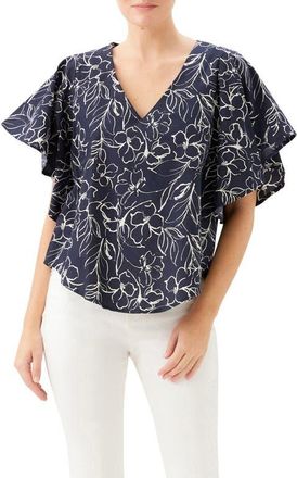 Karen Kane Flutter Sleeve V-Neck Cotton Top in Print at Nordstrom, Size X-Large