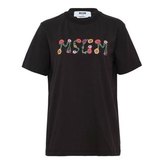 Msgm T-Shirts, female, Black, Size: XS T-Shirt maniche corte con stampa logo floreale sul fronte