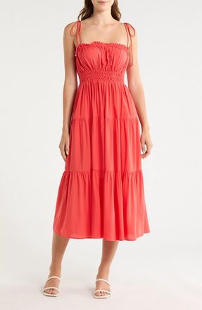 Elan Ruffle Shirred Tie Strap Tiered Cover-Up Sundress at Nordstrom, Size X-Small