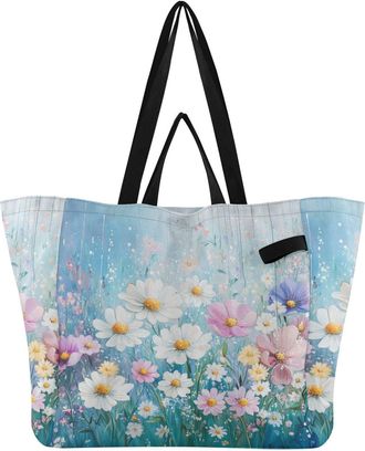 Generic Flower Blue White print Reusable Canvas Tote Bag, Heavy Duty Grocery Shopping Bag with Double Handles Hard Bottom Large Capacity Work Groceries Travel