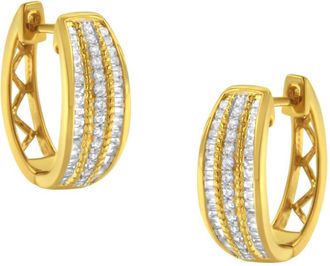 House of Brilliance 10K Yellow Gold 3/4 Cttw Pave and Channel Set Diamond Triple Row Modern Hoop Earrings (I-J Color, I2-I3 Clarity)