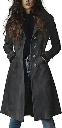 Generic Womens Faux Suede Long Trench Coat Single Breasted Overcoat with Pocket - Perfect for Casual Daily/Office/Weekend Outings (Gray,S)