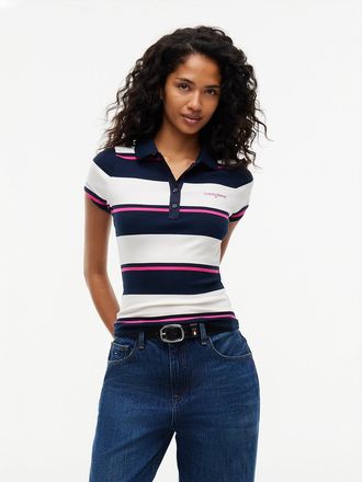 Tommy Hilfiger Womens Tommy Jeans Slim Fit Rib-Knit Polo - Off White / Stripe - XL