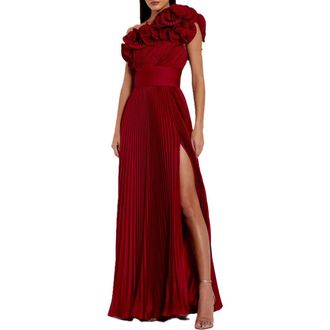 Mac Duggal Pleated Charmeuse One Shoulder Ruffle Gown in Red at Nordstrom, Size 14