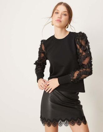 Jacqueline de Yong mesh flowers sleeve sweater in black