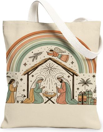 Generic Christmas Nativity Scene Canvas Tote Bags, Artistic Design Reusable Grocery Bags, Lightweight Washable Canvas for Holiday T, Beige, 13x15 Inch