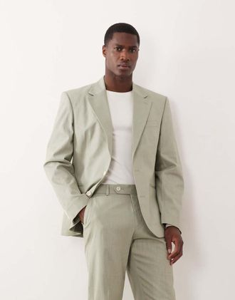 Asos Giacca da abito slim in 100% cotone effetto lino verde chiaro