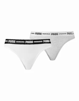 Puma Womens 2-Pack Striped Logo Mid-Rise Strings, White - Grey/White - Size: 12