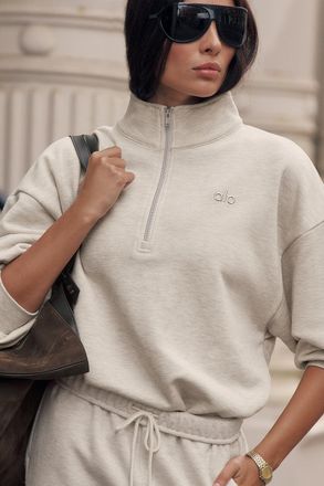 Alo | Accolade 1/4 Zip Pullover Top in Oatmeal Heather Beige, Size: Medium