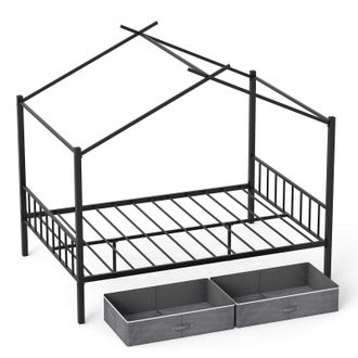 Costway Costway Double Size House Bed Heavy-Duty Metal Platform Bed w/2 Drawers in Black