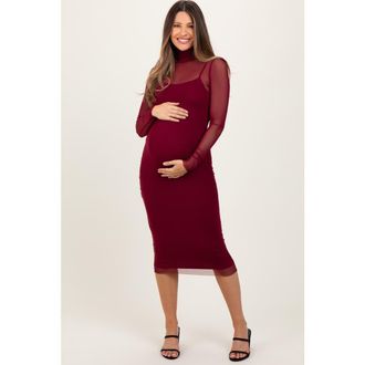 Pinkblush Mesh Overlay Fitted Midi Dress in Burgundy at Nordstrom, Size Medium