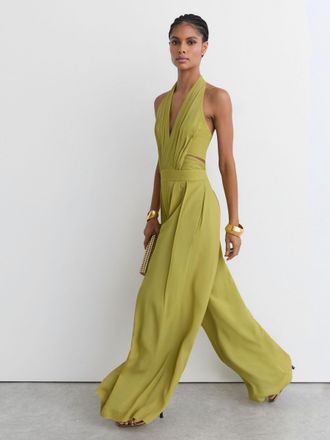 Reiss Green Halterneck Pleated Wide-leg Jumpsuit, 12