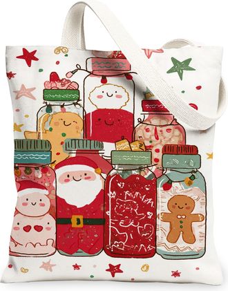 Generic Christmas Cute Holiday Jars Canvas Tote Bag, Reusable Grocery Bag, Lightweight Washable Shoulder Strap for Shopping, Travel, White, 13x15 Inch