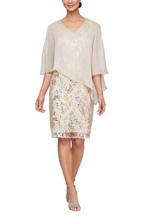 S.L. Fashions Sequin Embroidery Sheath with Cape Overlay in Chai/Multi at Nordstrom, Size 12P