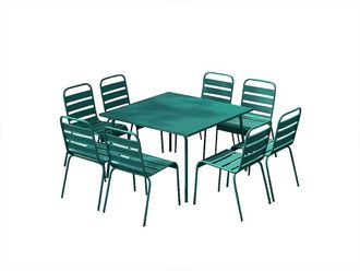 Vente-Unique Mesa de comedor de jard&iacute;n de metal - una mesa de 120 cm y 8 sillas apilables - Azul verdoso - MIRMANDE de MYLIA