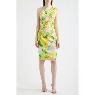 Eliza J Abstract Floral One-Shoulder Satin Cocktail Sheath Dress in Yellow at Nordstrom, Size 10
