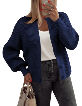 Zeagoo Ladies Cardigans Long Sleeve Open Front Jumpers with Buttons Chunky Soft Knit Sweater Short Oversized Cardigan for Women Casual Cardigan Coat Navy Blu