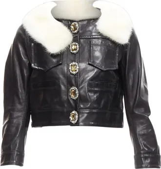 Dsquared2 asymmetric fur collar jewel button leather jacket