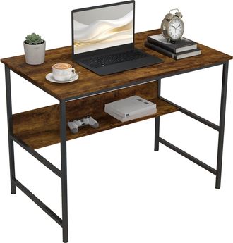 HOMCOM 2-Tier Writing Desk Metal Frame with Storage Shelf Rustic Brown | TJ Hughes