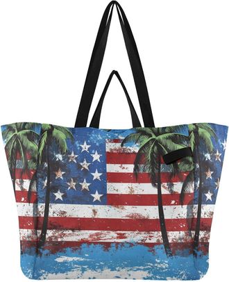 Generic Green Usa Palm Flag pattern Reusable Canvas Tote Bag, Heavy Duty Grocery Shopping Bag with Double Handles Large Capacity Hard Bottom Work Groceries Tr