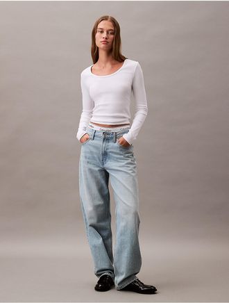 Calvin Klein Womens Cotton Contour Rib Slim Fit Long Sleeve T-Shirt - White - XS