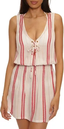 BECCA by Rebecca Virtue Radiance Metallic Stripe Cover-Up Dress in Ruby/white at Nordstrom, Size Large