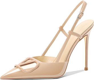 Generic Womens Slingback Stiletto Heels Pointed Toe High Heel Dress Shoes Patent Leather Buckle Strap Classic Formal Footwear for Wedding & Evening Party,Nude