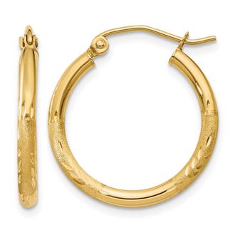 Diamond2Deal 14k Gold Satin & Diamond-cut 2x20mm Round Hoop Earrings