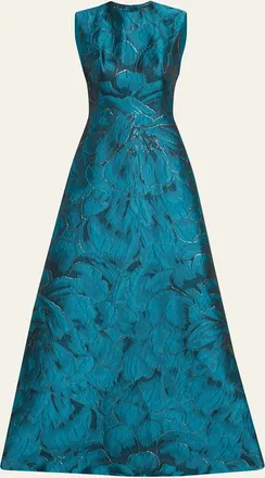 Reem Acra Jewel-Neck Sleeveless Floral Brocade Gown