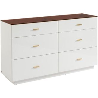 Vente-Unique Vente-unique - Comò 6 cassetti mdf e Vetro temperato Bianco laccato e Marrone - matirina