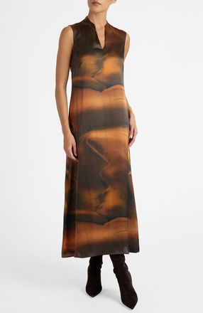 Santorelli Nicole Sleeveless Midi Shift Dress in Printed Silk Charmeuse in Black Hazelwood at Nordstrom, Size 12