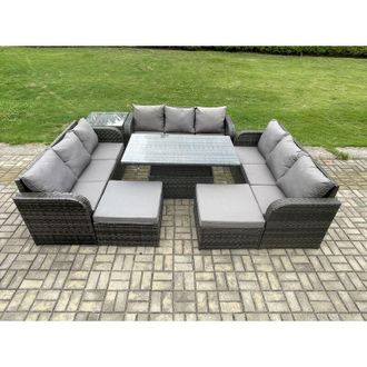 Fimous 11 Seater Garden Dining Sets Outdoor Rattan Furniture Lounge Sofa Height Adjustable Rising lifting Table With Side Table 2 Big Footstool Dark Grey