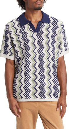 PacSun Crochet Johnny Collar Cotton Polo in Blue/cream at Nordstrom, Size Large