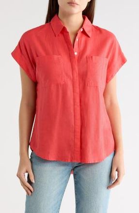 Caslon Double Pocket Linen Blend Camp Shirt in Red Geranium at Nordstrom Rack, Size X-Large