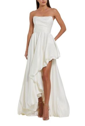 Mac Duggal Petite Strapless High-Low Satin Gown with Draped Skirt in White at Nordstrom, Size 6P