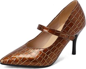 Generic Womens Stiletto High Heel Dress Pumps Pointed Toe PU Leather Mary Janes Slip on Party Prom Shoes,Brown,4.5 UK