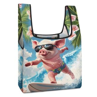 Generic Pigs Surfing Shopping Bag Reusable Grocery Tote Bag Foldable Handbag for Travel Picnic