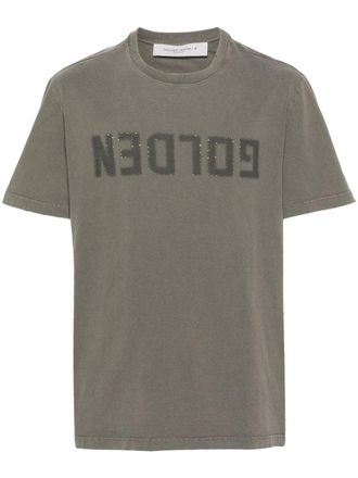 Golden Goose Muted Green Ribbed Cotton T-Shirt With Bold Graphic