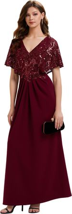 Ever-pretty Women Dress Floor Length Evening Dresses Sequin V-Neck with Natural Waist and Short Sleeves Burgundy 16UK